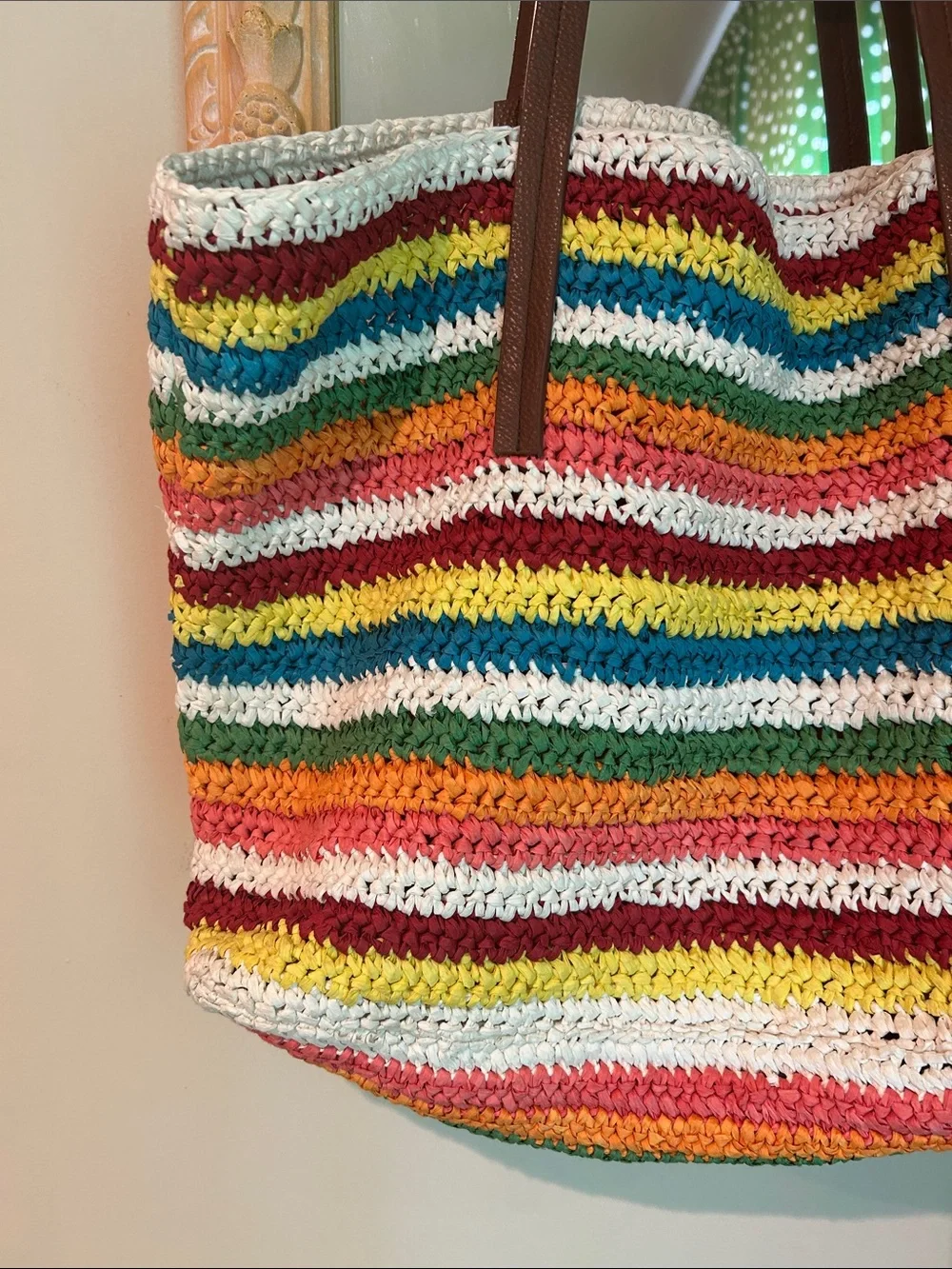 J. Crew Multicolor Striped Crochet Tote Bag with Brown Handles - Picture 2 of 10